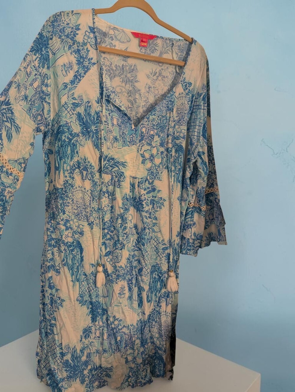 Lilly Pulitzer Blue and White Scenic Floral Tunic Dress with Tassels